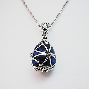 Blue Enamel 'Faberge' Egg Marcasite Pendant w/chain